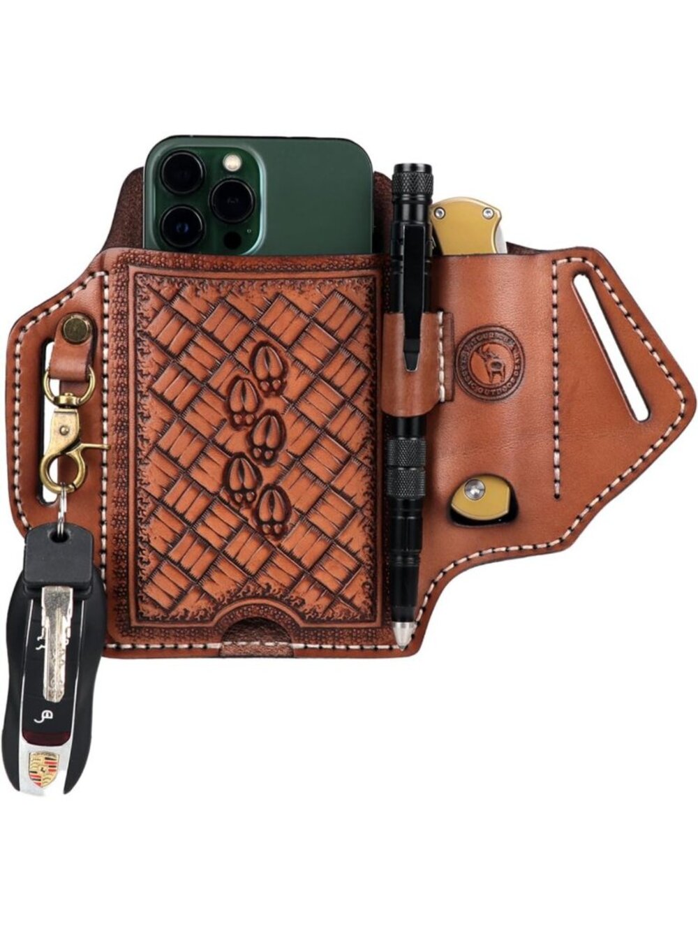 Versatile Leather Cell Phone Holster Case with Knife Sheath, Pen Slot & Key Clip